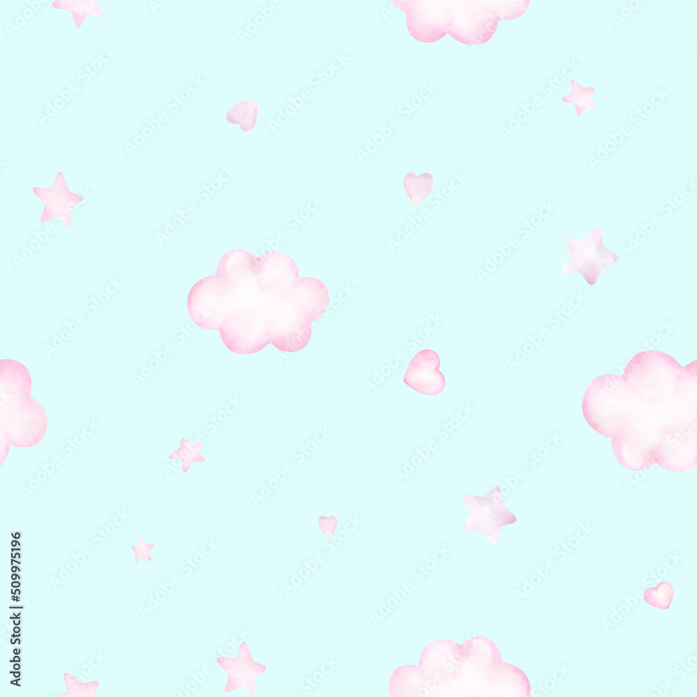 Watercolor baby seamless pattern with pink clouds and stars