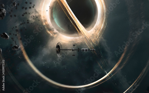 Fototapeta Naklejka Na Ścianę i Meble -  3D illustration of Huge black hole warps space around. 5K realistic science fiction art. Elements of image provided by Nasa