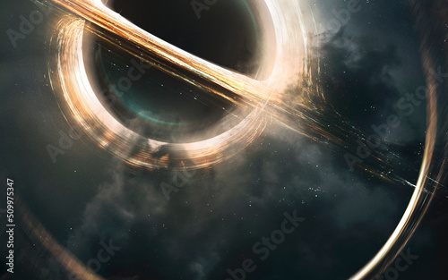 Obraz na płótnie 3D illustration of Huge black hole warps space around. 5K realistic science fiction art. Elements of image provided by Nasa w salonie