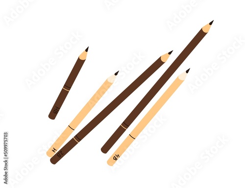 Different lead pencils with sharp graphite tips. Sharpened wooden stationery, items for drawing, writing. School supplies. Flat vector illustration isolated on white background