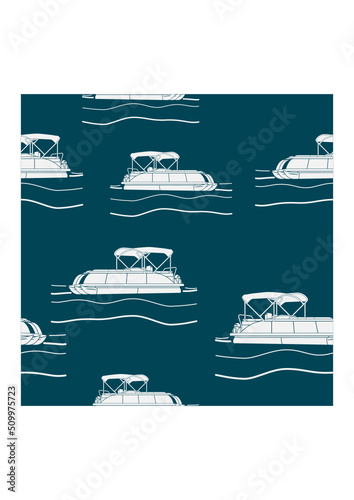 Editable Semi-Oblique Side View Pontoon Boat Vector Illustration in Flat Monochrome With Dark Background as Seamless Pattern for Creating Background of Transportation or Recreation Related Design