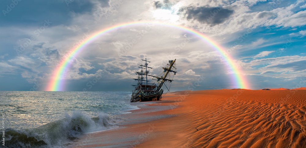 The thrown old ship has sat down on a bank - Namib desert with Atlantic ...