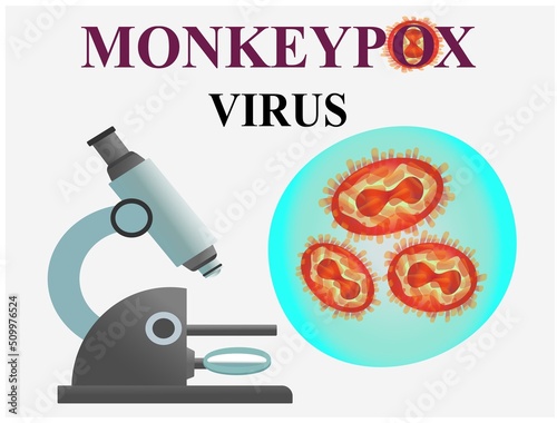 Monkeypox virus cells. Monkeypox microbiological vector background. View of monkeypox under a microscope. Мonkeypox outbreak. Health care in USA, Europe and Asia. Medical banner. 