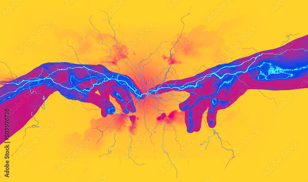 Obraz premium Pink and blue vaporwave style and marbled reaching hands digital concept illustration charged electrically and sparking thunder fingers on bright yellow cloudy sky.