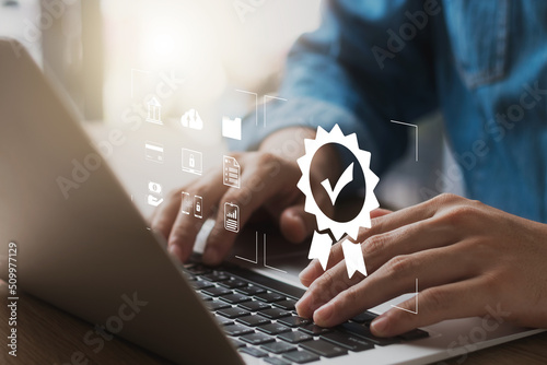 The company's product quality certificate is compliant, the check mark symbol represents the standard quality control. Businesses and companies.