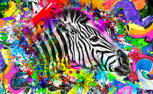 Colorful artistic zebra muzzle with bright paint splatters