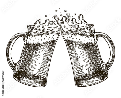 Vector image of two mugs of beer. Drinks with a lot of foam. Two hand drawn clinking beer mugs with foam
