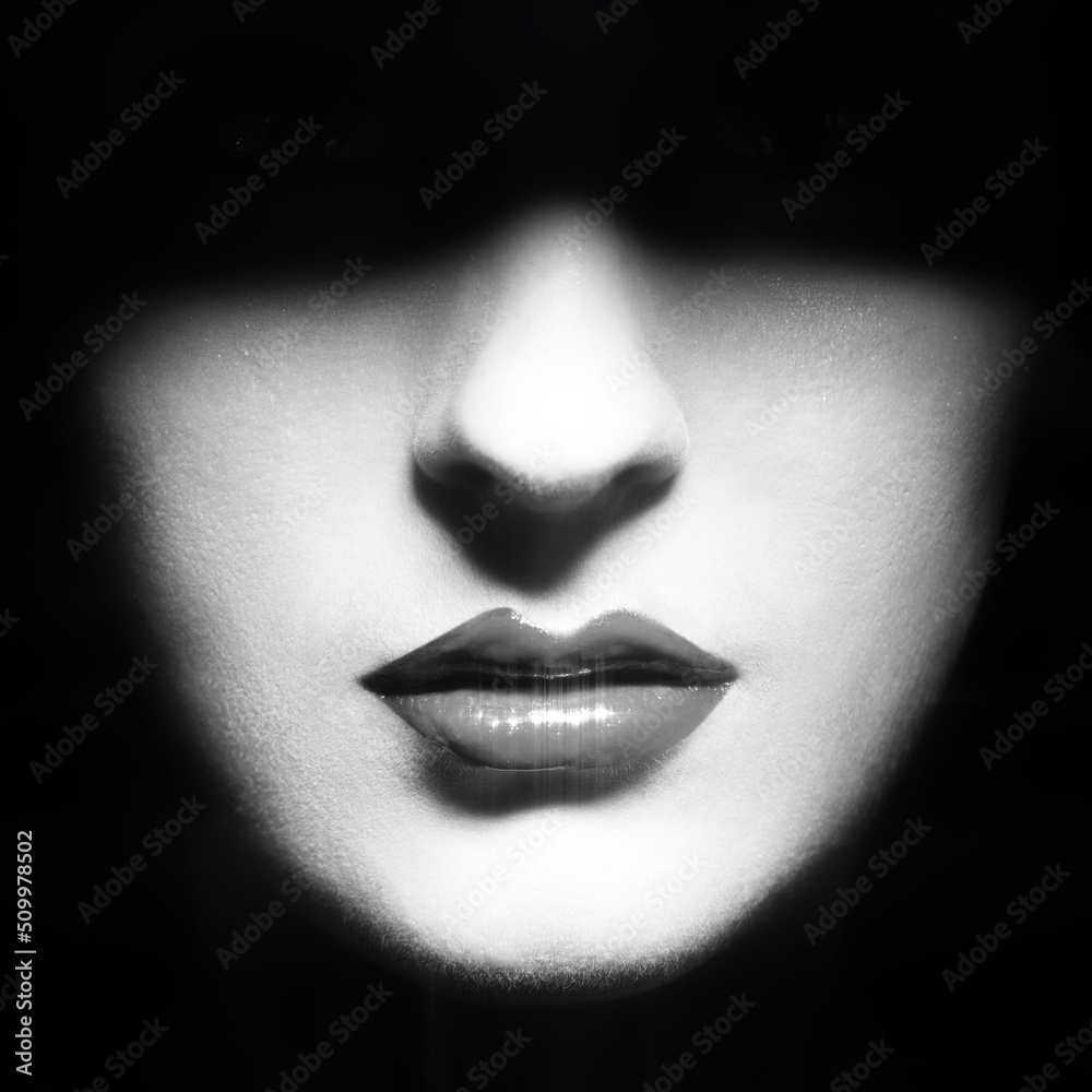 Fototapeta premium Beauty, fashion, make-up concept. Part of woman face hides in black shadow. Visible bright sexy sparkling lips, nose and cheeks. Lips is in camera focus. Black and white image