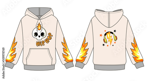 Hoodies with Character Streetwear Design. Crewneck streetwear lifestyle design. Commercial use. Skull with mohawk. Hip hop inscription. Stylish print for streetwear, print for t-shirts and hoodies