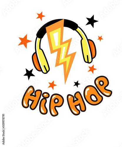 Hip hop music cool graffiti logo. Rap battle vector concept, isolated on white background. Hand drawn vector illustration. Can be used for creating logo, posters, flyers, emblem, prints, web