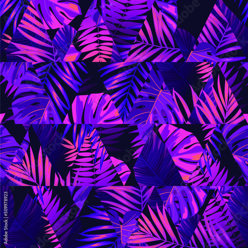 Tropical geometric vector background with hawaiian plants. Seamless violet purple tropical pattern with monstera and palm leaves.