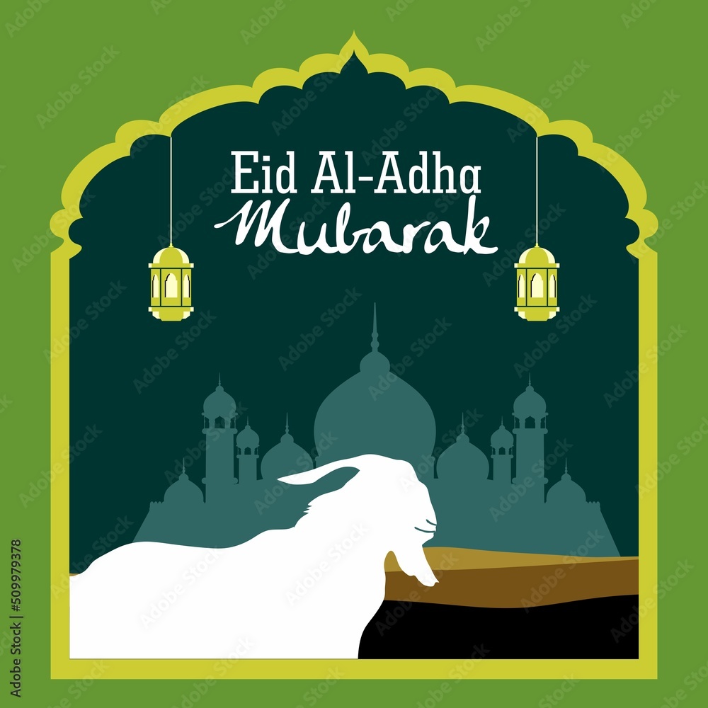 Eid Al Adha festival. Greeting card with sacrificial sheep, lantern and silhouette mosque on sky night background. Eid Mubarak theme. Vector illustration.