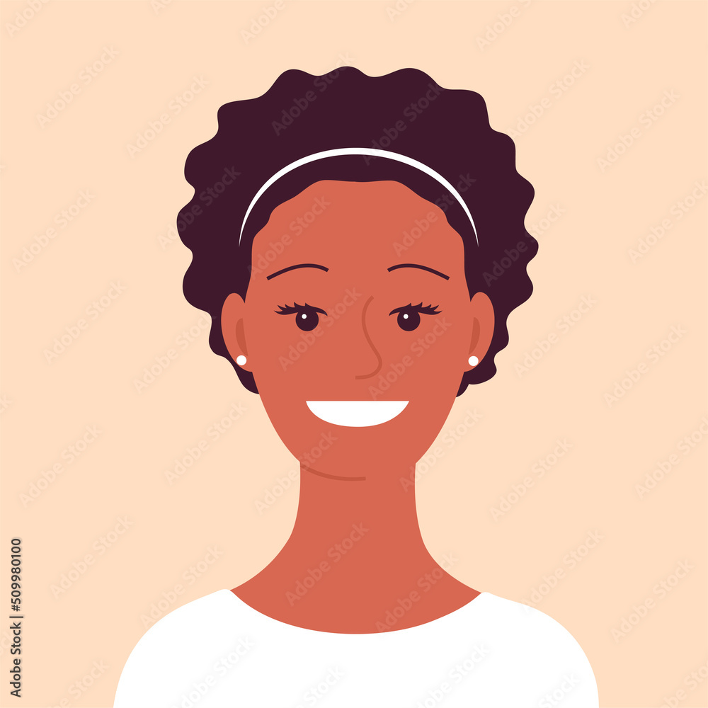 Portrait of a young African American woman. A welcoming smile on your face. Brunette hair. Avatar female consultant. Flat vector isolated illustration Portrait of a young African American woman. A welcoming smile on your face. Brunette hair. Avatar female consultant. Flat vector isolated illustration