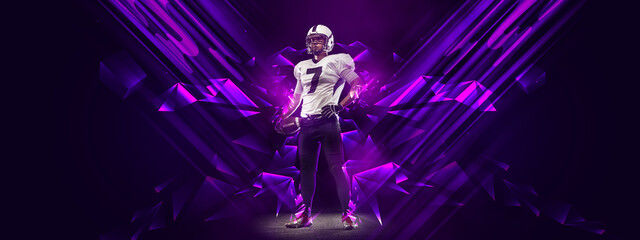 Bright poster with american football player standing isolated on dark background with purple polygonal and fluid neon elements. Art, creativity, sport