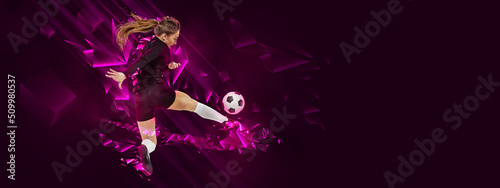 Flyer. Creative artwork with female soccer, football player in motion and action with ball isolated on dark background with polygonal and fluid neon elements.