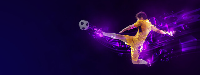 Flyer. Creative artwork with soccer, football player in motion and action with ball isolated on dark background with polygonal and fluid neon elements. Art, creativity, sport