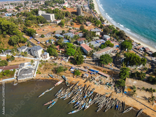 Aerial view of traditional fishing boat anchored along the coast in a small bay near Freetown, Sierra Leone. photo