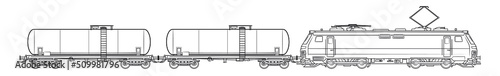 Cargo train with tanker wagons - outline vector stock illustration.
