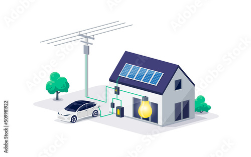 Home electricity scheme with battery energy storage system on modern house photovoltaic solar panels and rechargeable li-ion backup. Electric car charging on renewable smart power off-grid system.