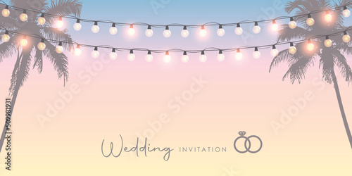 wedding invitation tropical design with palm tree and fairy lights