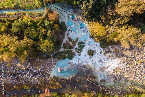 Aerial view of Petriolo thermal area, Grosseto, Tuscany, Italy. photo