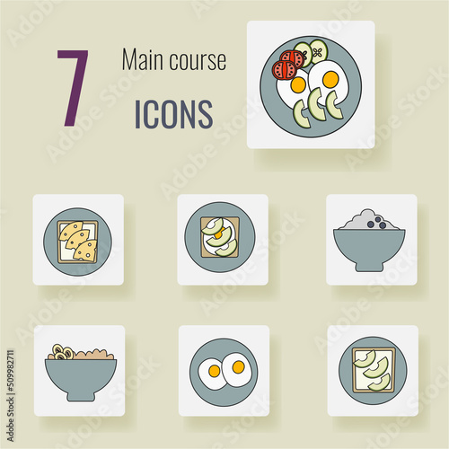 Set of 7 healthy breakfast line icons in vector - toasts, eggs, oatmeal