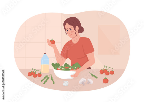 Making salad with fresh vegetables and mayonnaise 2D vector isolated illustration. Lady cooking in kitchen flat character on cartoon background. Colourful editable scene for website, presentation