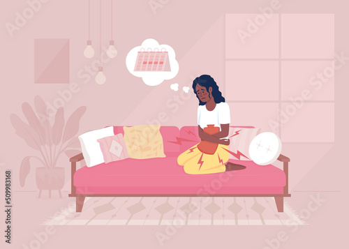 Relieving menstrual cramps flat color vector illustration. Sickly looking young woman applying heat pad to abdomen. Fully editable 2D simple cartoon character with cozy interior on background