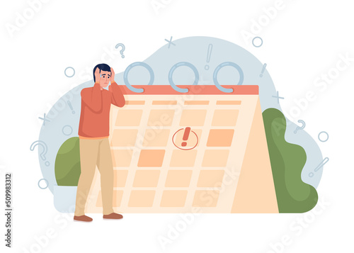 Deadline anxiety 2D vector isolated illustration. Shocked man flat character on cartoon background. Colourful editable scene for mobile, website, presentation. Nerko One Regular, Quicksand fonts used