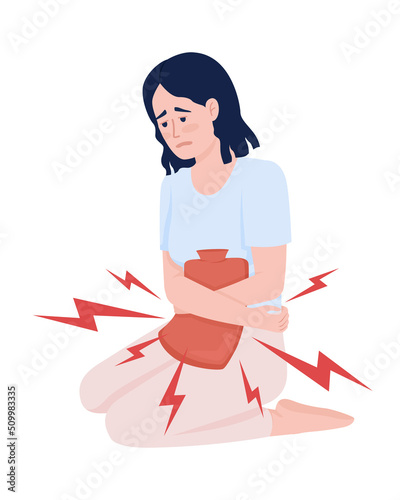 Sickly looking girl with hot water bottle semi flat color vector character. Editable figure. Full body person on white. Simple cartoon style illustration for web graphic design and animation
