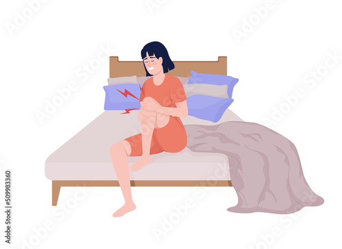 Young woman with sudden intense knee pain semi flat color vector character. Editable figure. Full body person on white. Simple cartoon style illustration for web graphic design and animation