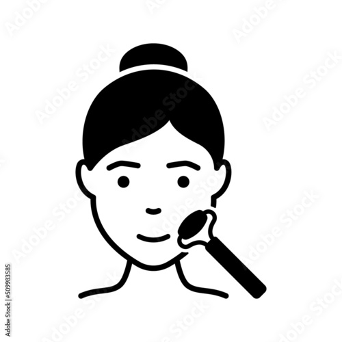 Woman Facial Massage with Roller Silhouette Icon. Jade Roller for Girl Face Massage Pictogram. Beauty Relax Procedure for Female Skin Face Black Icon. Isolated Vector Illustration