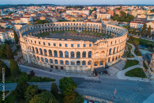 Aerial view of Pula arena and amphitheater in Pula old town, Croatia. photo