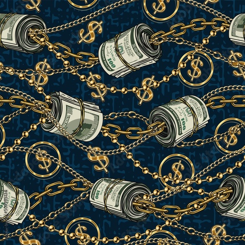 Money seamless pattern with rolls of 100 dollars bills, wavy gold chains, dollar sign. Blue grunge background with small abstract particles like blots. Detailed vector illustration in vintage style.