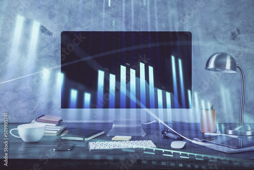 Forex market chart hologram and personal computer background. Multi exposure. Concept of investment.