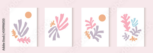 Matisse wall art. Minimal contemporary colorful abstract art set. Floral colored poster. Mid century print. Vector illustration.