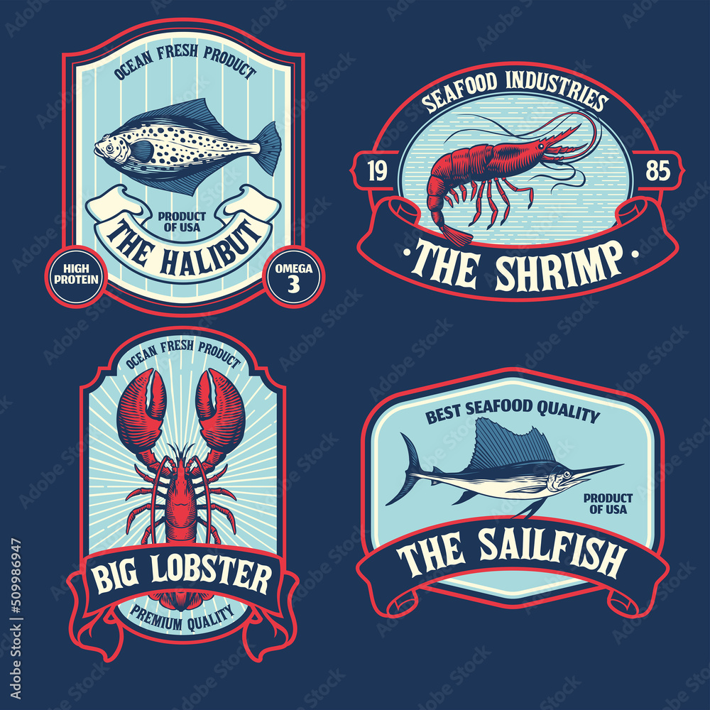 Seafood Label Set in Vintage Style