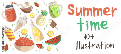 A set of illustrations dedicated to the time of summer. Summer time. Food in the summer.