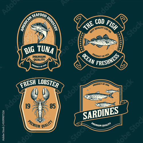 Vintage Set of Seafood Label Badge
