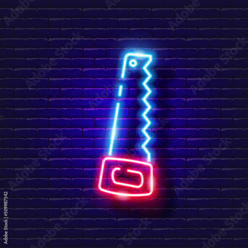 Saw neon icon. Gardening and agriculture concept. Vector sign for design, website, signboard, banner, advertisement.