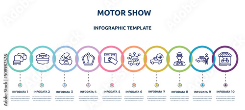 motor show concept infographic design template. included microfiber, pilot hat, ship propeller, precaution, access control, carsharing, shift, ticket collector, bike shop icons and 10 option or