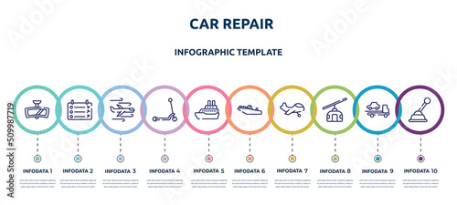 car repair concept infographic design template. included rear-view mirror, departure, turbulence, kick, cruise ship, motorboat, small plane, null, gearshift icons and 10 option or steps.