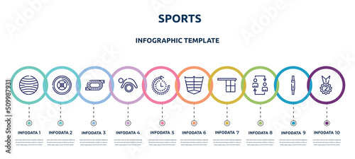 sports concept infographic design template. included yoga ball, weight plates, race track, pilates, routine, abs, offside, substitution, second place icons and 10 option or steps.