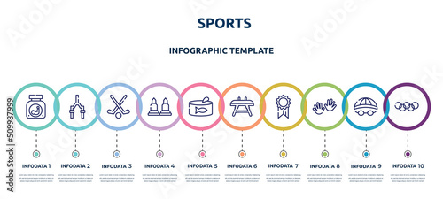 sports concept infographic design template. included protein powder, bicycle fork, field hockey, munition, tuna can, vaulting horse, first place, hand, rings icons and 10 option or steps.
