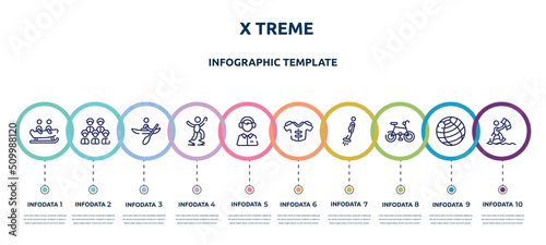 x treme concept infographic design template. included bobsledding, baseball team, kayaking, powerbocking, sport commentor, protections, flyboard, mountain bike, kitesurfing icons and 10 option or