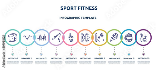sport fitness concept infographic design template. included whole wheat bread, handlebar, home team, fishing line, foam hand, elbow pads, squash, strike, stationary bicycle icons and 10 option or