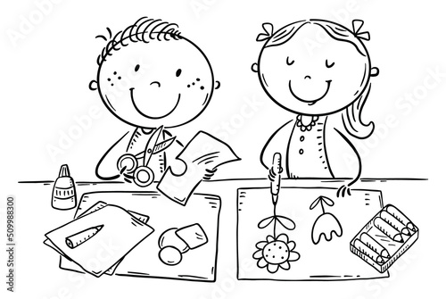 Illustration of school children enjoy crafting together, creative activities outline clipart