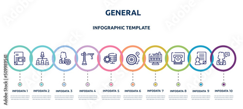 general concept infographic design template. included credit history, hr strategy, impeachment, construction crane, data science, inflate tire, ar graph, atm cash, hr manager icons and 10 option or