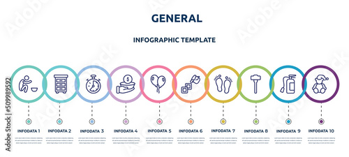 general concept infographic design template. included poor, office cabinet, analog stopwatch, poverty, floating balloons, live paint, steps, sledgehammer, teddy bear with sleep hat icons and 10