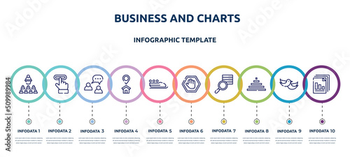 business and charts concept infographic design template. included seminar, subscription, buzz, home address, bobsleigh, ad blocker, data searching, null, diagram files icons and 10 option or steps.